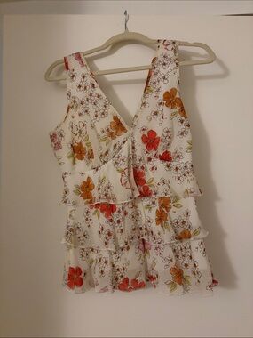 Floral Tiered V-Neck Women's Top - White with Red & Orange Blooms